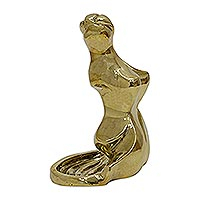 Bronze soap dish, 'Woman in the Waves' - High-Shine Golden Bronze Soap Dish with Female Motif