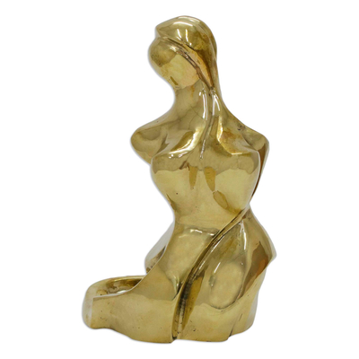 Bronze soap dish, 'Woman in the Waves' - High-Shine Golden Bronze Soap Dish with Female Motif