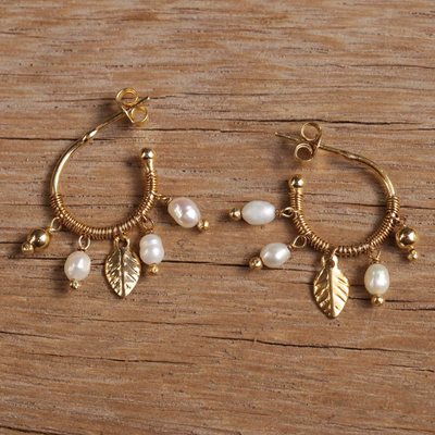 Gold plated cultured pearl half hoop earrings, 'Bubbles and Leaves' - Gold Plated Half Hoop Earrings with Cultured Pearls