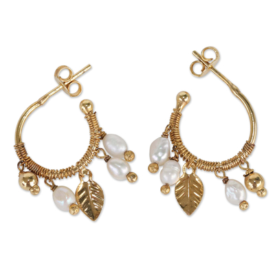 Gold plated cultured pearl half hoop earrings, 'Bubbles and Leaves' - Gold Plated Half Hoop Earrings with Cultured Pearls