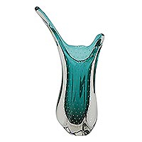 Handblown art glass vase, 'Emerald Flow' - Green Handblown Art Glass Asymmetrical Vase from Brazil