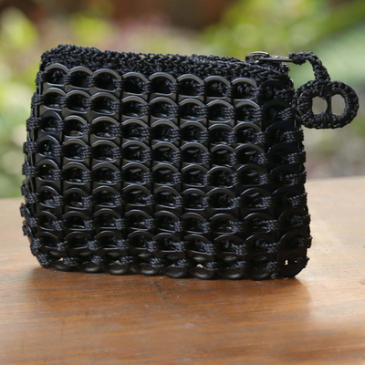 Soda pop top coin purse, 'Black Recycled Chic' - Black Soda Pop Top Change Purse from Brazil