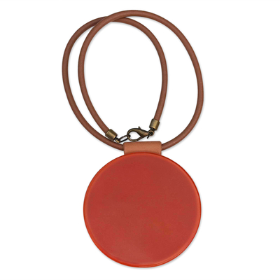 Glass and leather pendant necklace, 'Tangerine Moon' - Leather and Art Glass Pendant Necklace from Brazil