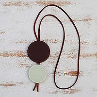 Glass and leather pendant necklace, 'Bohemian Circles' - Leather and Art Glass Double Pendant Necklace from Brazil