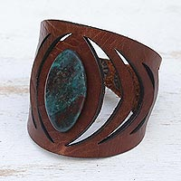 Apatite and leather wristband  bracelet, 'Mesmerizing Brown Echo' - Brown Modern Leather and Blue-Green Apatite Bracelet