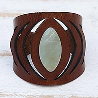 Amazonite and leather wristband bracelet, 'Spring Echo in Brown' - Brown Modern Leather and Aqua Amazonite Bracelet
