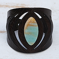 Amazonite and leather wristband bracelet, Spring Echo in Black