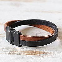 Leather band bracelet, 'Interwoven Colors' - Black and Natural Leather Bracelet with Metal Clasp