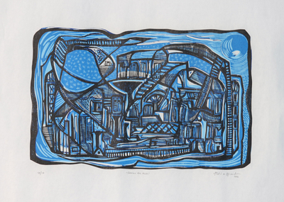 Brazil Signed Blue Abstract Urban Scene Woodcut Print