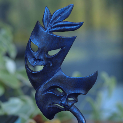 Escultura de resina, 'Árbol de la cultura' - Escultura de resina azul firmada de máscaras de teatro
