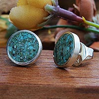Reconstituted turquoise button earrings, 'Global Love' - Sterling Silver Button Earrings
