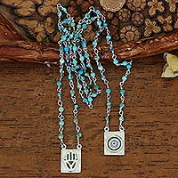 Turquoise double pendant necklace, 'Global Love' - Sterling Silver 2 Pendant Scapular Style Necklace Brazil