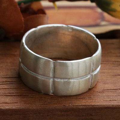 Sterling silver band ring, 'Latitudes' - Sterling Silver Wide Band Ring with Perpendicular Lines