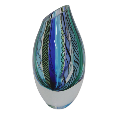 Handblown art glass vase, 'Carnival Color Fantasy' (6 inch) - Collectible Handblown Murano Inspired Art Vase (6 Inch)