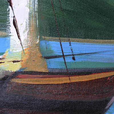 'Boats at Anchor' - Pintura de paisaje marino brillante de barcos de Brasil