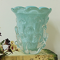 Hand blown art glass vase, 'Ruffled Blue Basket' (7 inch)