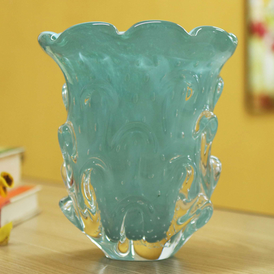 Hand blown art glass vase, 'Ruffled Blue Basket' (7 inch) - Brazilian Hand Blown Atlantic Blue Art Glass Vase 7 In Tall