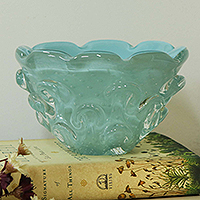 Hand blown art glass vase, 'Ruffled Blue Basket' (4 inch)