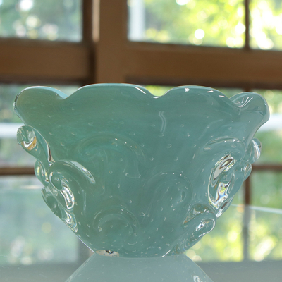 Hand blown art glass vase, 'Ruffled Blue Basket' (4 inch) - Brazilian Hand Blown Atlantic Blue Art Glass Vase 4 In Tall