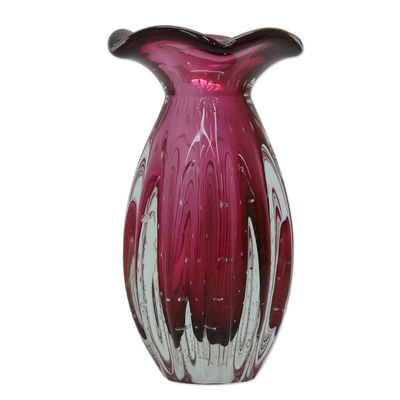 Brazilian Ruffled Deep Red Blown Art Glass Vase 9 Inch Tall