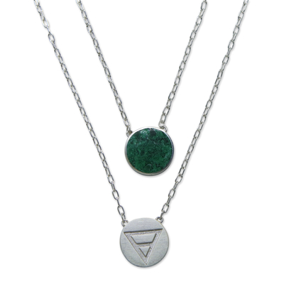 Malachite double pendant necklace, 'Celebrating Taurus' - Taurus Scapular Necklace with Malachite 2 Silver Pendants