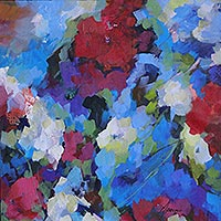 'Haven in the Garden' - Signed Impressionist Painting of Red and Blue Blossoms