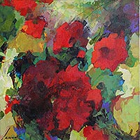 'Bouquet of Red Flowers' - Naturaleza muerta brasileña alargada con deslumbrantes flores rojas