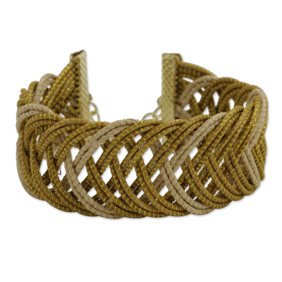 Gold-accented golden grass wristband bracelet, 'Glamorous Curves' - Handcrafted Golden Grass Bracelet