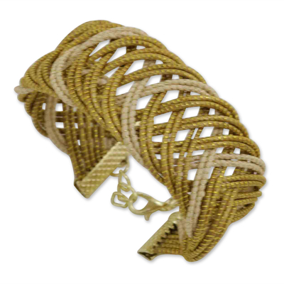 Gold-accented golden grass wristband bracelet, 'Glamorous Curves' - Handcrafted Golden Grass Bracelet