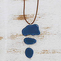 Fused glass pendant necklace, 'Azure Pools' - Blue Fused Glass Statement Necklace