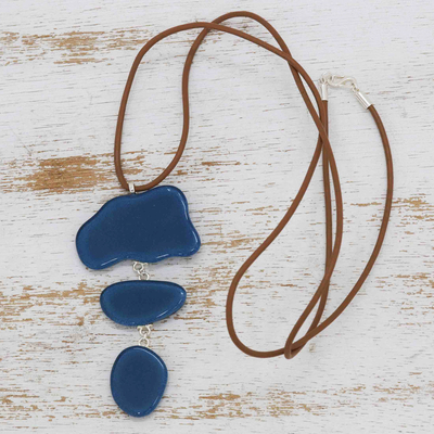 Fused glass pendant necklace, 'Azure Pools' - Blue Fused Glass Statement Necklace