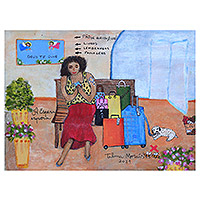 'Expectativa' - Pintura Naif Original de Mujer en el Aeropuerto