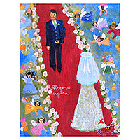'The Wait II' - Colorful Naif Painting of Bride and Groom at the Altar