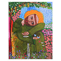 'Saint Francis Rests Beneath a Mango Tree' - Brazilian Naif Art Painting of Saint Francis and the Birds