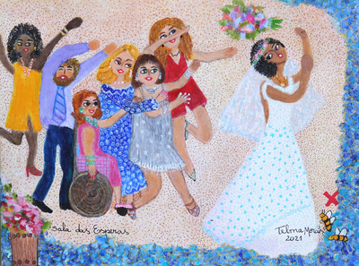 'The Waiting Room' - Bride Throws the Bouquet Colorful Naif Painting