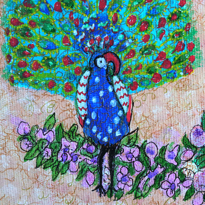 'Peacock Party' - Signed Naif Portrait of a Peacocks in Paradise
