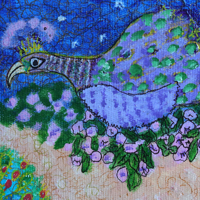 'Peacock Party' - Signed Naif Portrait of a Peacocks in Paradise
