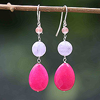 Quartz and amethyst dangle earrings, 'Springtime Colors' - Brazilian Hot Pink Quartz & Amethyst Dangle Earrings
