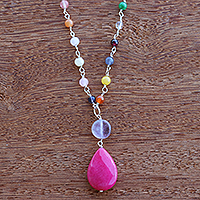 Multi-gemstone pendant necklace, 'Hot Pink in Springtime' - Brazilian Hot Pink Quartz & Multi-Gemstone Necklace