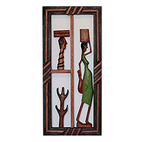 Wood relief panel, 'Woman in Green' - Hand-Carved Brazilian Relief Panel