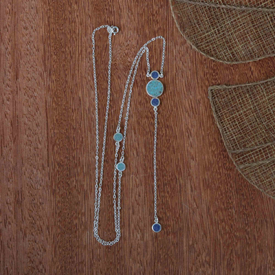 Lapis lazuli Y-necklace, 'Charming Bubbles' - Sterling Silver Lapis lazuli and Turquoise Y-Necklace