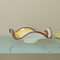 Handblown art glass centerpiece, 'Milky Amber Wave' - Brazil Handblown Amber & White Art Glass Centerpiece