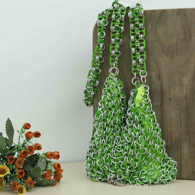Soda pop-top shoulder bag, 'Mini-Shimmery Green' - Shimmery Green Handcrafted Shoulder Bag with Soda Pop Tops