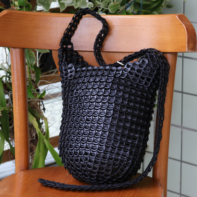 Soda pop-top bucket bag, 'Eco Dark' - Upcycled Black Aluminum Soda Pop-Top Bucket Bag from Brazil