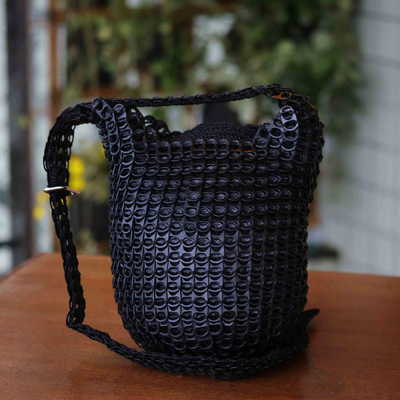 Soda pop-top bucket bag, 'Eco Dark' - Upcycled Black aluminium Soda Pop-Top Bucket Bag from Brazil