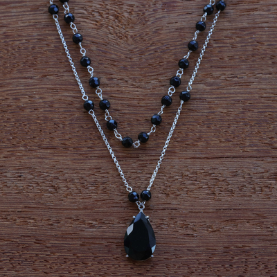 Agate and onyx pendant necklace, 'Teardrop at Midnight' - Agate and Onyx Sterling Silver 2-Strand Necklace from Brazil