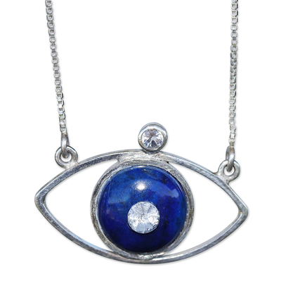Lapis lazuli and white topaz pendant necklace, 'Oculus' - Handmade Blue Brazilian Lapis Lazuli Topaz Pendant Necklace