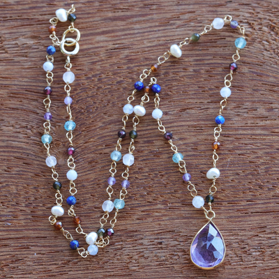 Collar con colgante de Múltiples piedras preciosas - Collar de amatista de Brasil con 7 tipos más de gemas