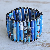 Beaded recycled paper stretch bracelet, 'Tribal Links in Blue' - Blue Recycled Paper Bracelet with Black Beads Made in Brazil