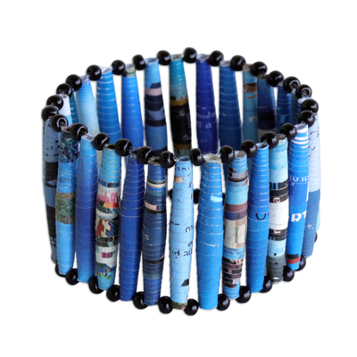 Blue Recycled Paper Bracelet with Black Beads Made in Brazil